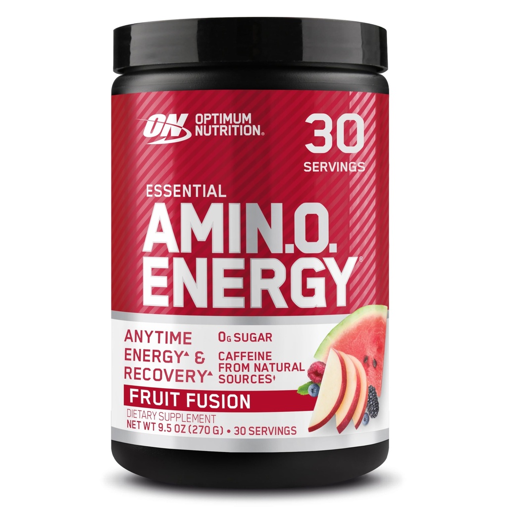 Optimum Nutrition Amino Energy - Pré-entraînement avec le thé vert, BCAA, acides aminés, Keto Friendly, extrait de café vert, poudre d'énergie - fusion de fruits, 30 portions (emballage mai Vary)