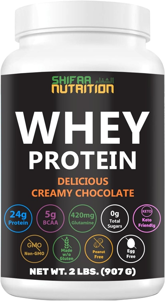 SHIFAA NUTRITION 2 Lbs Halal Whey Protéine poudre chocolat crémeux. 24g Protéines, 5g BCAAs & 420mg Glutamine. pour construire les muscles maigres et la récupération. Sans sucre, sans sucre, sans gluten, sans OGM