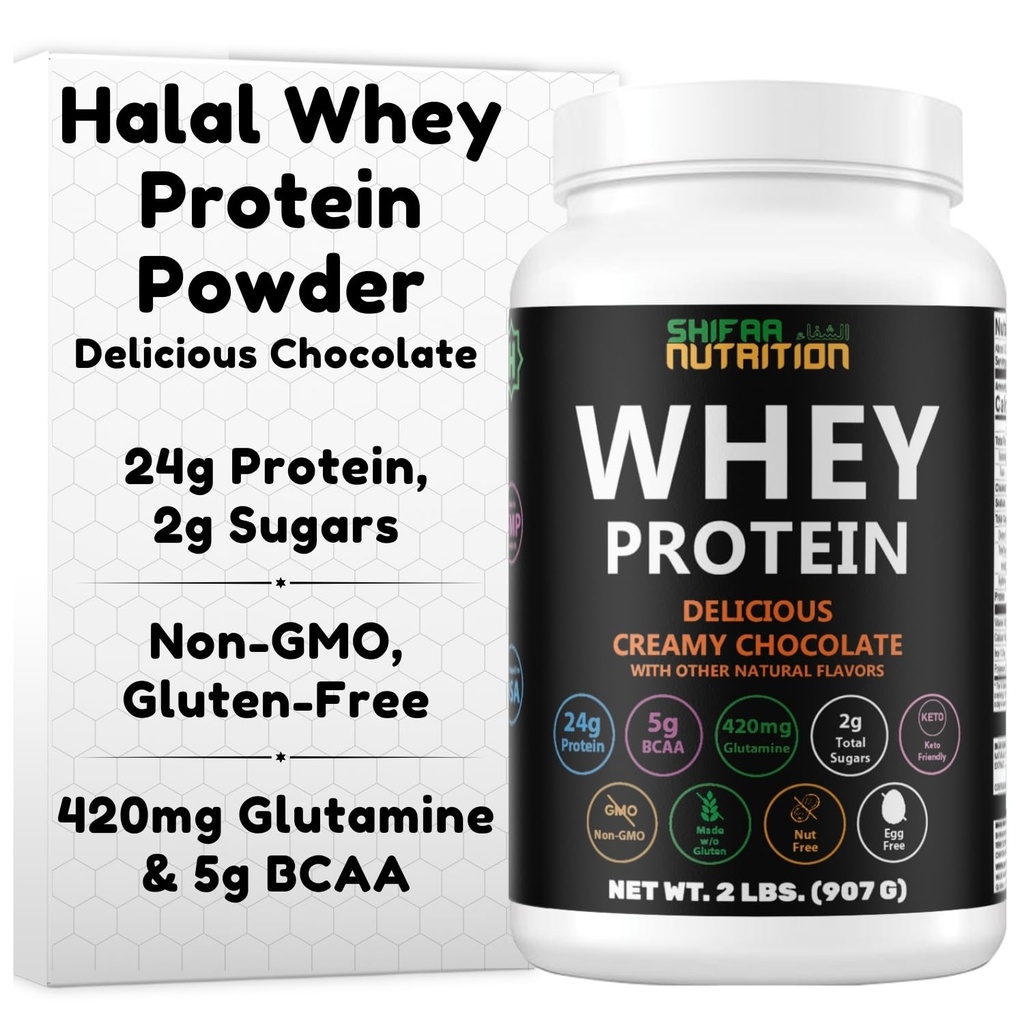 SHIFAA NUTRITION 2 Lbs Halal Whey Protéine poudre chocolat crémeux. 24g Protéines, 5g BCAAs & 420mg Glutamine. pour construire les muscles maigres et la récupération. Sans sucre, sans sucre, sans gluten, sans OGM