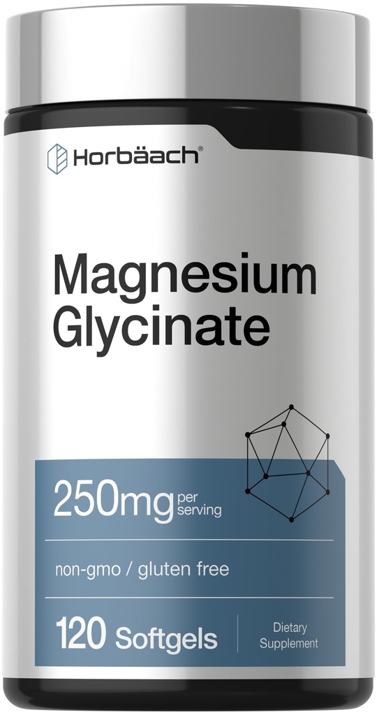 Horbäach Glycinate de magnésium 250 mg 120 Softgels Supplément sans OGM et sans gluten