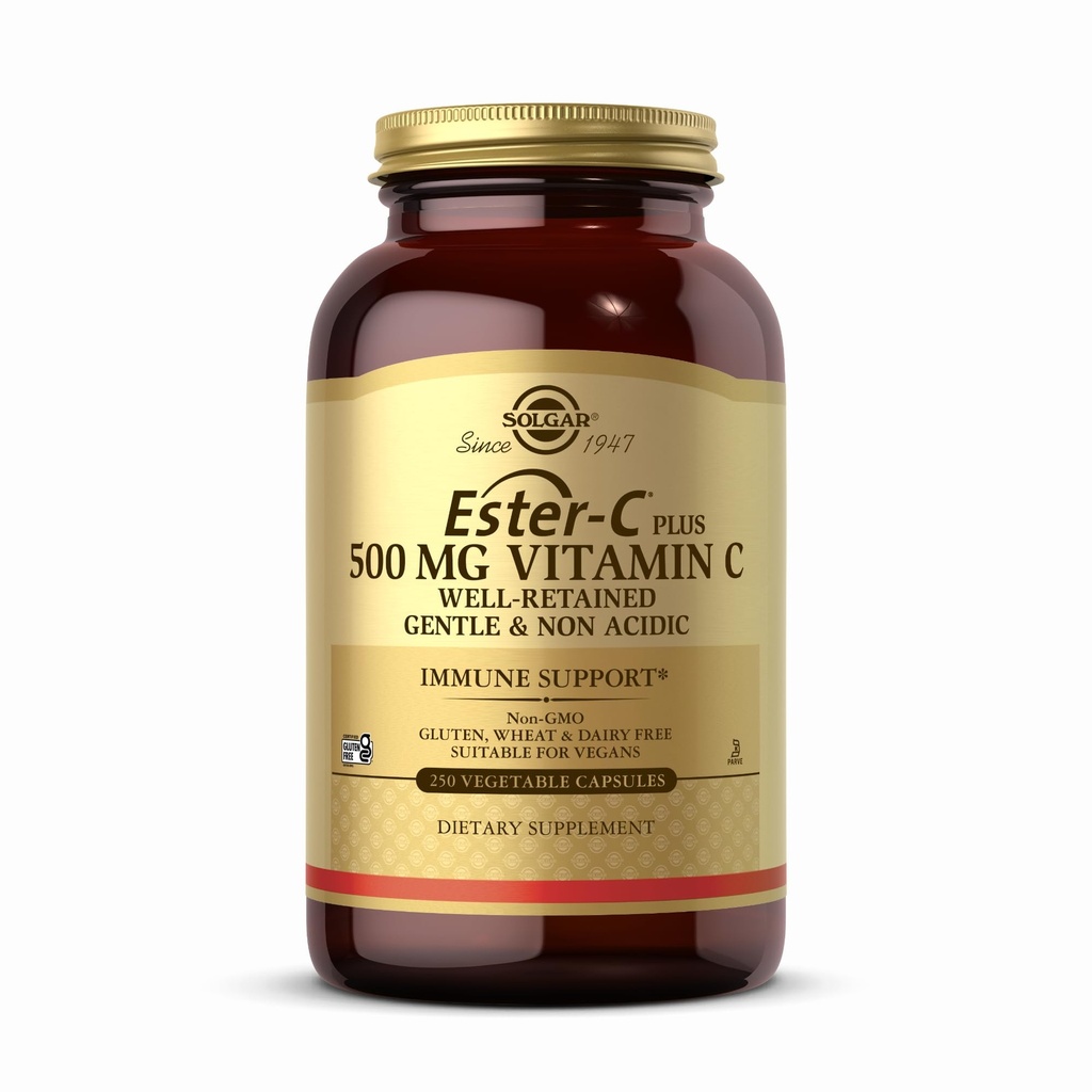 Solgar Ester-C Plus 500 mg Vitamine C (Complexe d'Ascorbate) - 250 capsules végétales - douces et non acides - Antioxydants et immunosupport - Non OGM, végétalien, sans gluten, sans casher - 250 portions