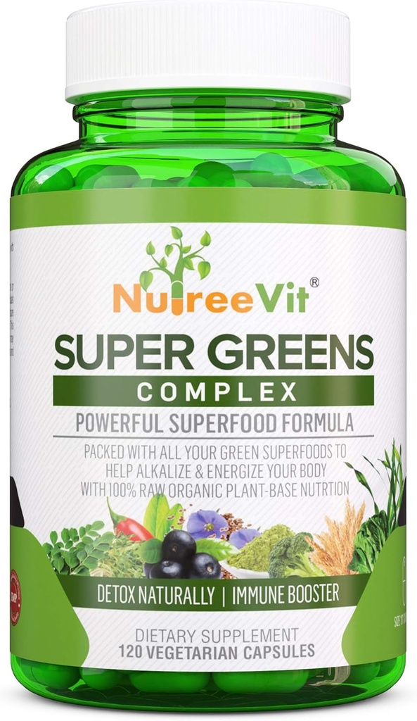 SuperGreens - Spiruline, Chlorella, Blégrass + Plus - Mélange vert emballé en nutriments