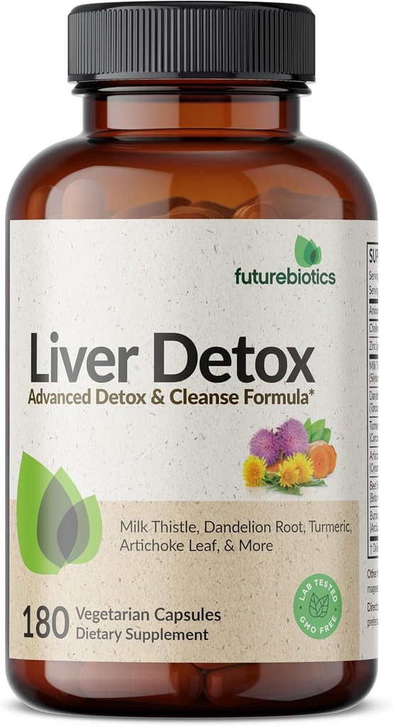 Futurebiotics Liver Detox Advanced Detox & Cleanse Formula soutient la fonction saine du foie avec le chardon de lait, la racine de dandelion, la feuille d'artichaut curcuma, et plus, non-OGM, 180 capsules végétariennes