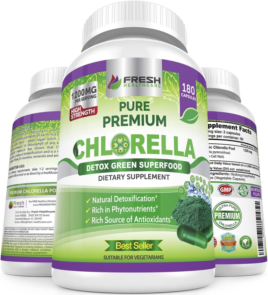 FRESH HEALTHCARE Premium Chlorella Supplement, 1200mg Pure Vegan Poudre Capsules, 180 Chlorophylle et pilules CFG, Detox naturel Superfood, contient naturellement des vitamines et minéraux B