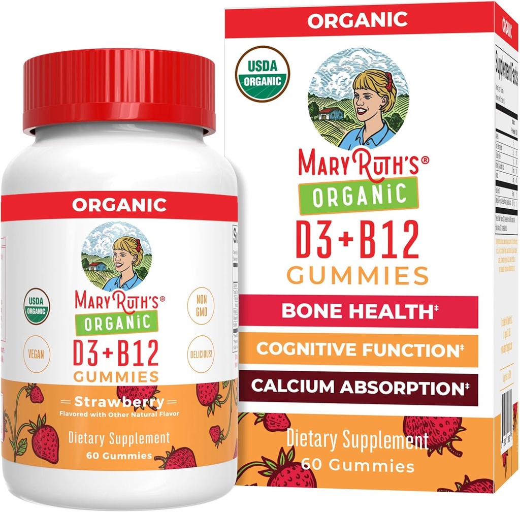 MaryRuth Organics's Vitamine D3 B12 Gummées (USDA Organic) 2 mois d'approvisionnement (USDA Organic) 2 mois Vitamine D & B12 Suppléments vitaminiques pour adultes et enfants ($) Santé des os ($) Niveaux d'énergie sains ($) Non-OGM ($) 60 portions
