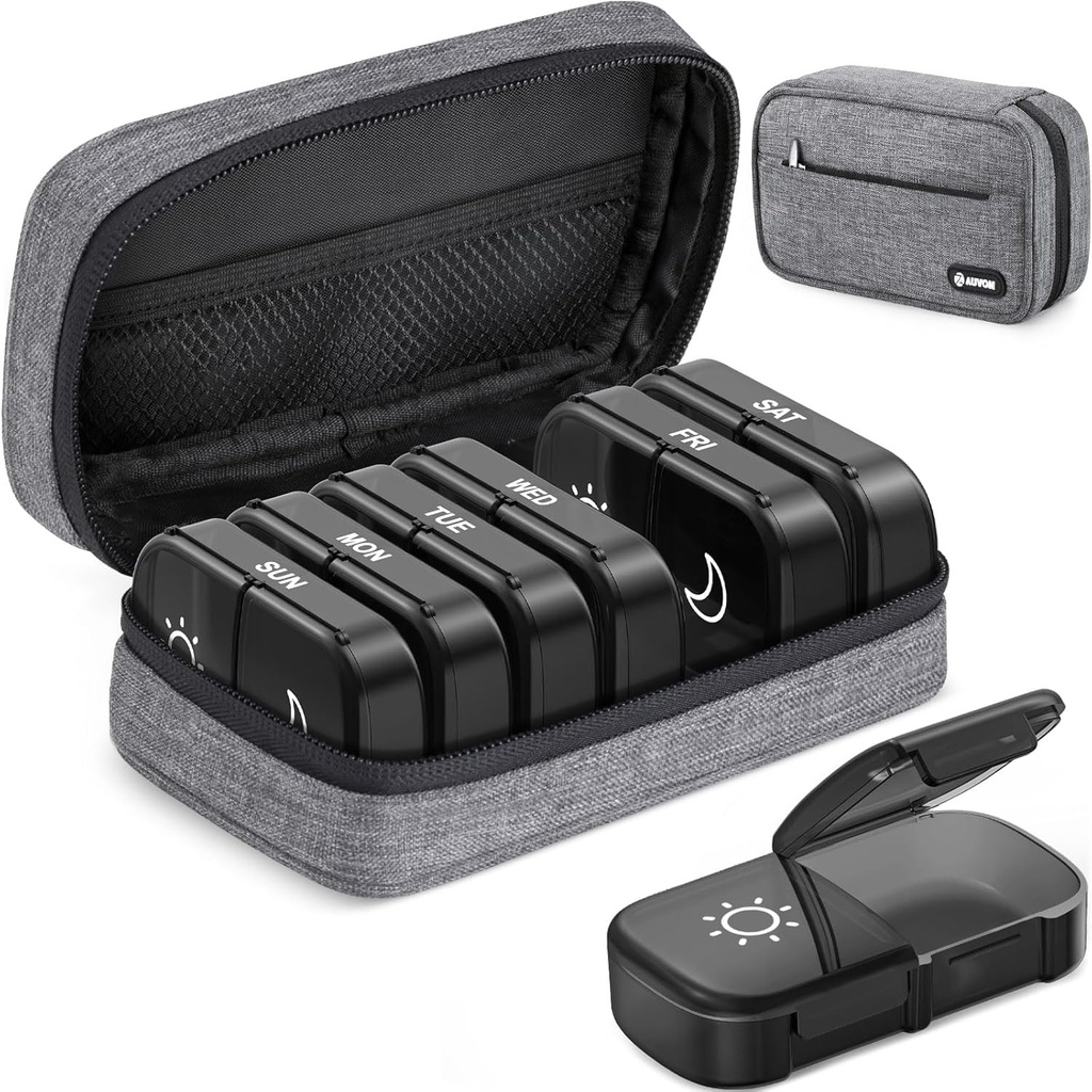 AUVON Canvas Bag XL Weekly Pill Organizer 2 fois par jour, Travel Pill Box 7 Jour avec une grande ouverture, AM PM Pill Case avec sac en tissu portable pour suppléments, vitamines, huiles de poisson