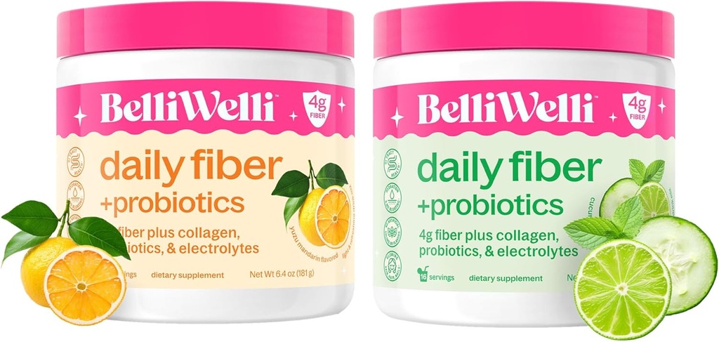 Ensemble quotidien de suppléments de fibres avec collagène, probiotiques et électrolytes ajoutés - Mint de chaux de concombre et orange Yuzu Mandarin saveurs - soutient la santé digestive, le ballonnement et l'hydratation - 32 portions Total