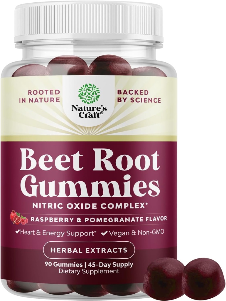 Gommies de racines de betterave boostant le flux - Gommies de betterave revigorantes pour les adultes Oxyde nitrique Soutien à l'énergie et à la santé cardiaque avec grenade à pépins et vitamine B12 - Vegan Non-OGM et sans gluten (45 portions)