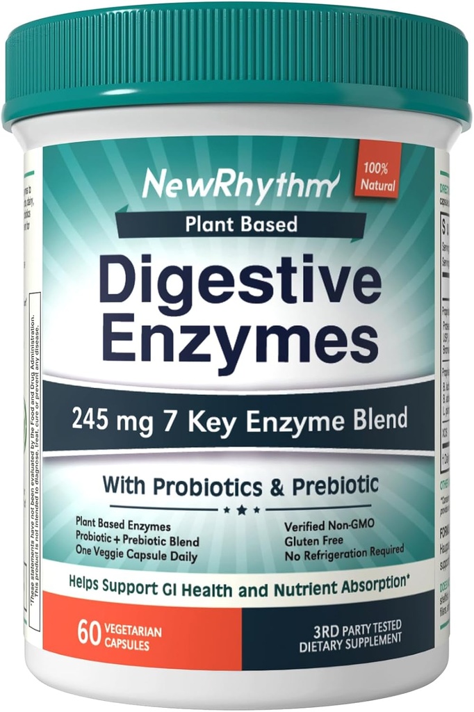 NewRhythm Digestive Enzymes 245 mg, with Probiotics and Prebiotics, Plant Based, 7 Key Enzymes, Digestion, Nutrient Absorption, Protease Amylase & Lipase, 60 Vegan Capsules