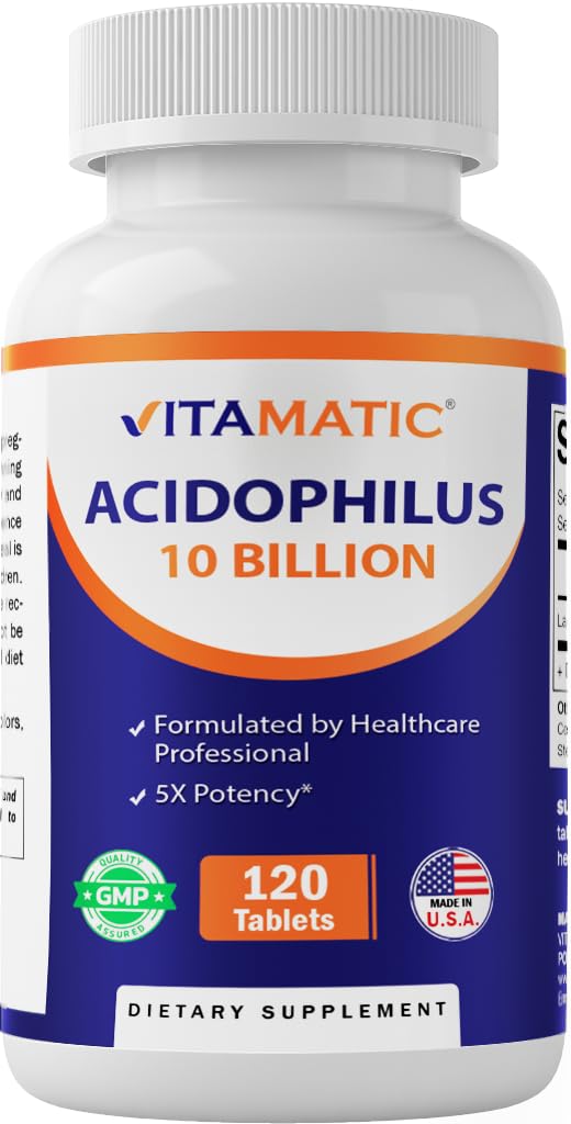 Vitamatic Acidophilus Probiotic - 10 milliards CFU - 5X Potence - Supplément probiotique quotidien, soutient la santé digestive - 120 comprimés