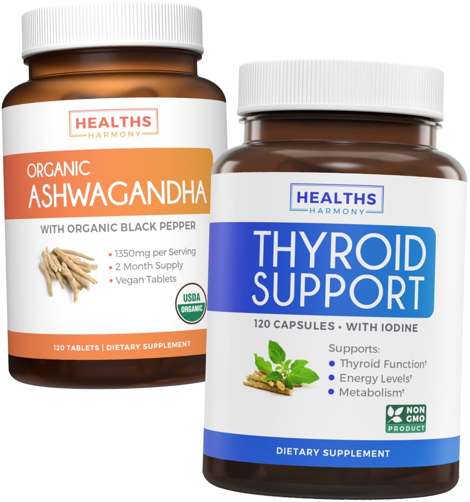 Bundle of Thyroid Support & Ashwagandha - Revive & Thrive Pack - Thyroid Support with Iodine (Non-GMO) Improve Energy & Organic Ashwagandha with 1350mg Ashwaganda Root Powder Per Serve