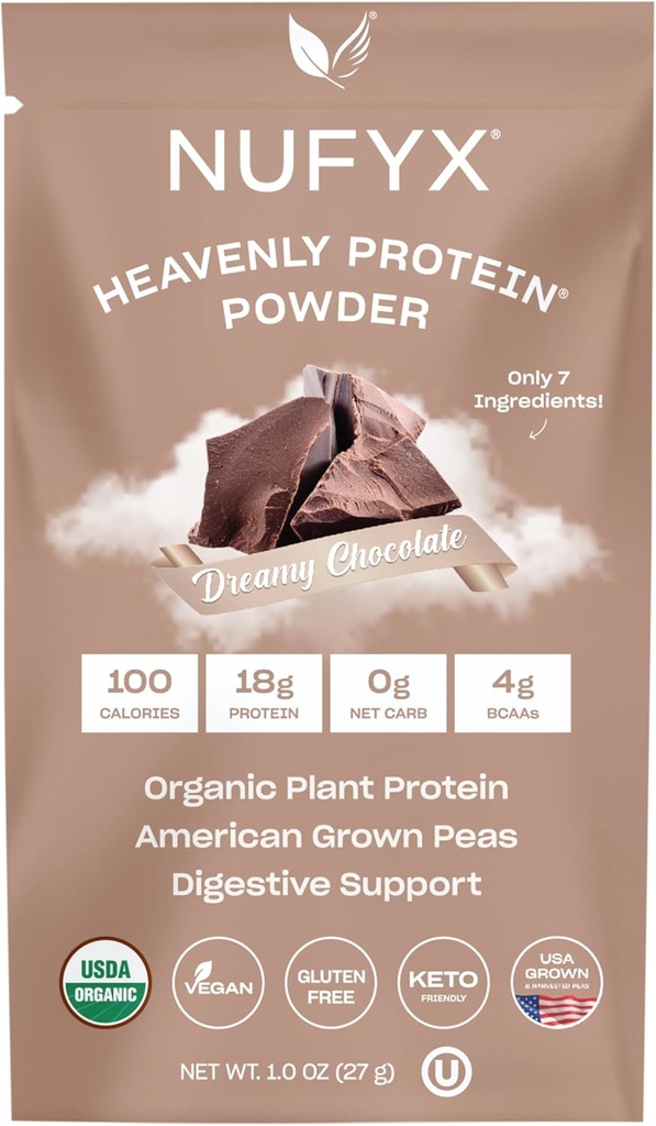 NUFYX® • Heavenly Protein® Powder • World’s Finest 100% Organic American Grown Peas • Vegan • Gluten Free • Low Carb (Dreamy Chocolate, Packet)