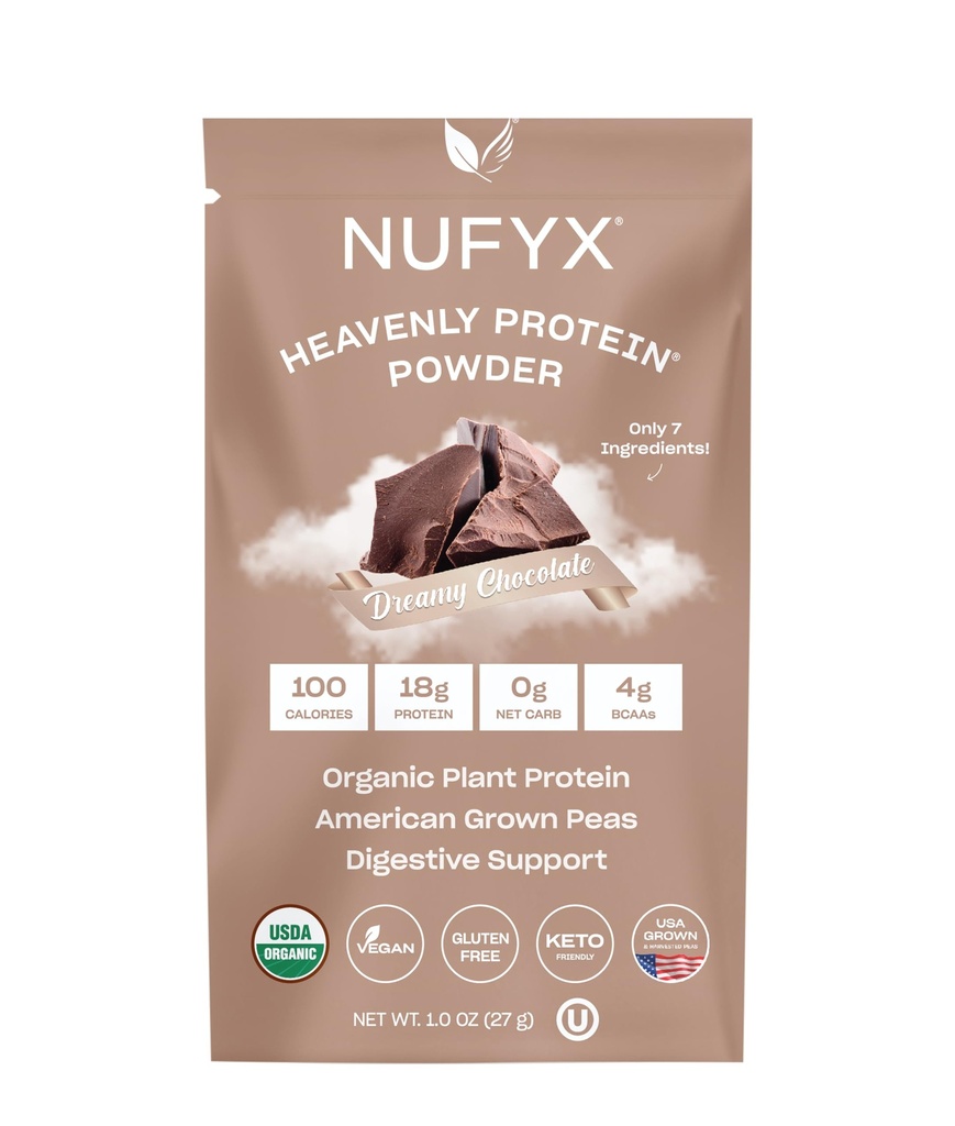 NUFYX® • Poudre Heavenly Protein® • Le monde est le plus fin de l'Amérique 100% biologique Pois cultivés • végétalien • sans gluten • faible teneur en glucides (chocolat, paquet)