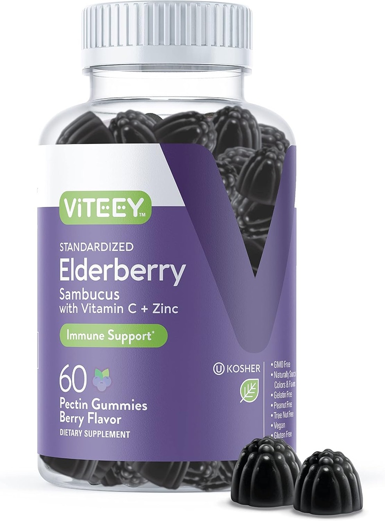 Viteey Sambucus Gummies de mûre aînée pour adultes – Gummies de vitamine C et d'immunité au zinc – Vegan, sans gluten – Compte 60