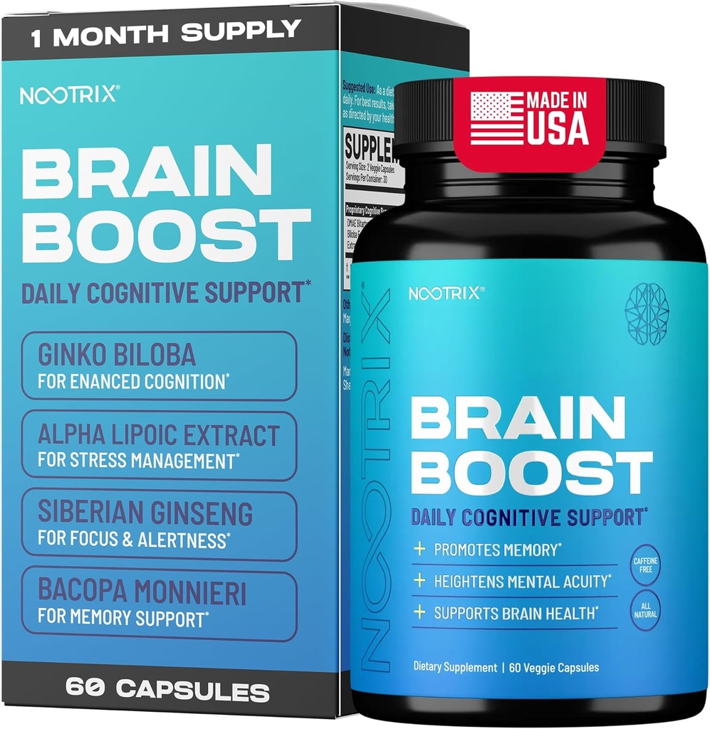 Nootrix Brain Boost Nootropic Supplement soutient la mémoire, la concentration mentale, la santé cognitive et l'énergie.
