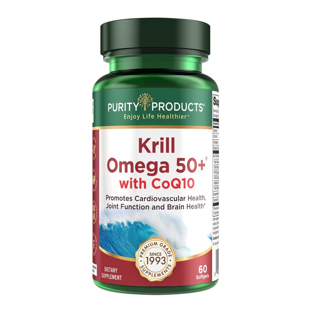 Krill Omega 50 Plus w/ CoQ10 de produits de pureté - 1300mg Mélange d'huile de krill et d'huile de poisson - 100mg CoQ10 - 500mg Astaxanthine naturelle - Soutien pour les articulations, la santé cérébrale et plus - 60 Mini Softgels
