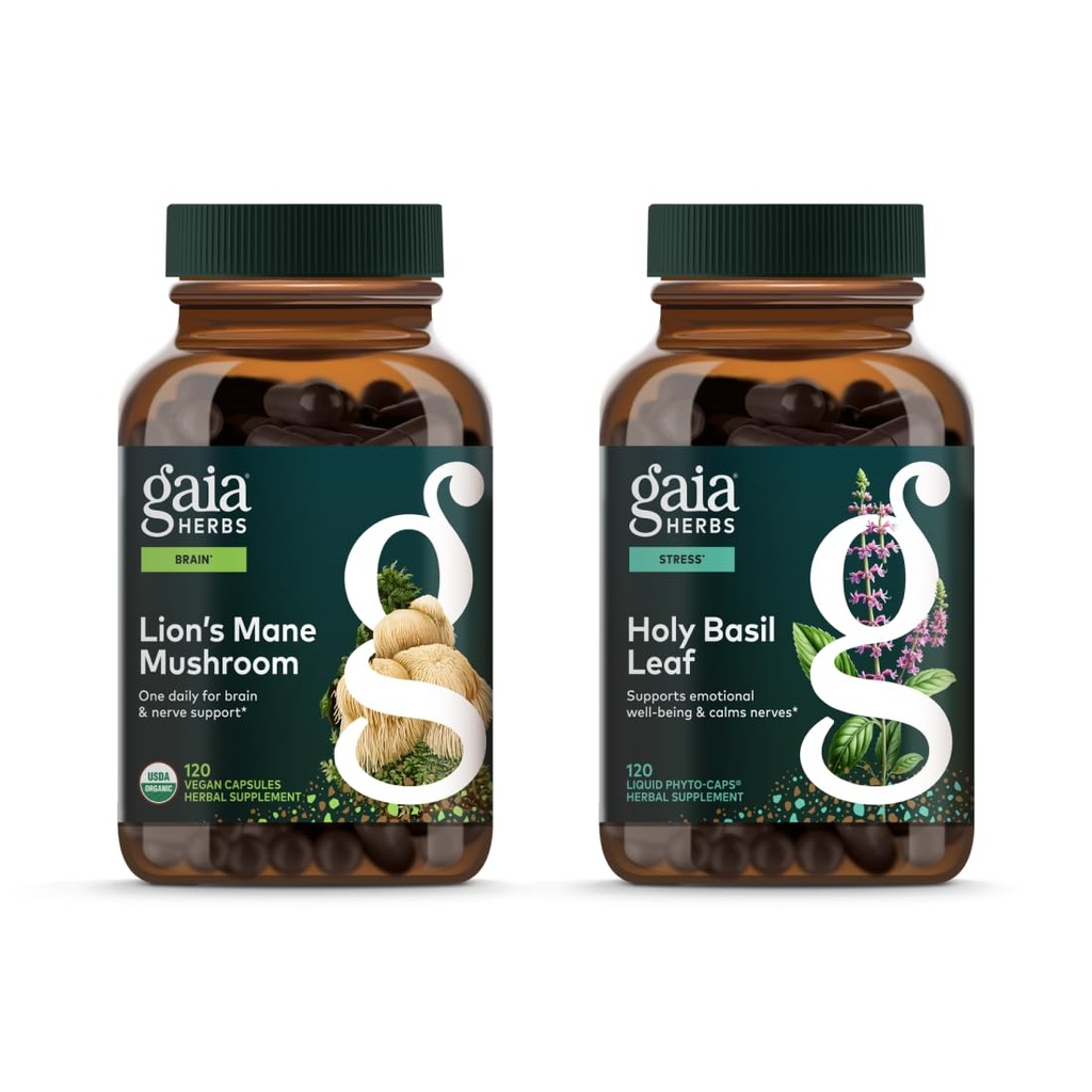 Gaia Herbs Lion, Mane Mushroom - Aide au maintien de la santé neurologique - 120 Capsules Phyto-Liquides Vegan et Sainte Feuille de Basilic - Aide à maintenir un état d'esprit positif et l'équilibre en temps de stress - 120 Vegan Li
