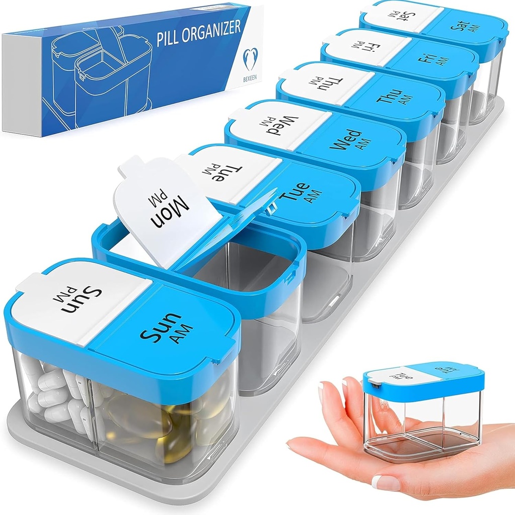 Très grand organisateur hebdomadaire de pilule - XL Daily Pill Box - 7 jours Am Pm Pill Case Jumbo Pill Conteneur pour les suppléments Big Pill Holder Deux fois par jour surdimensionné (bleu/blanc)