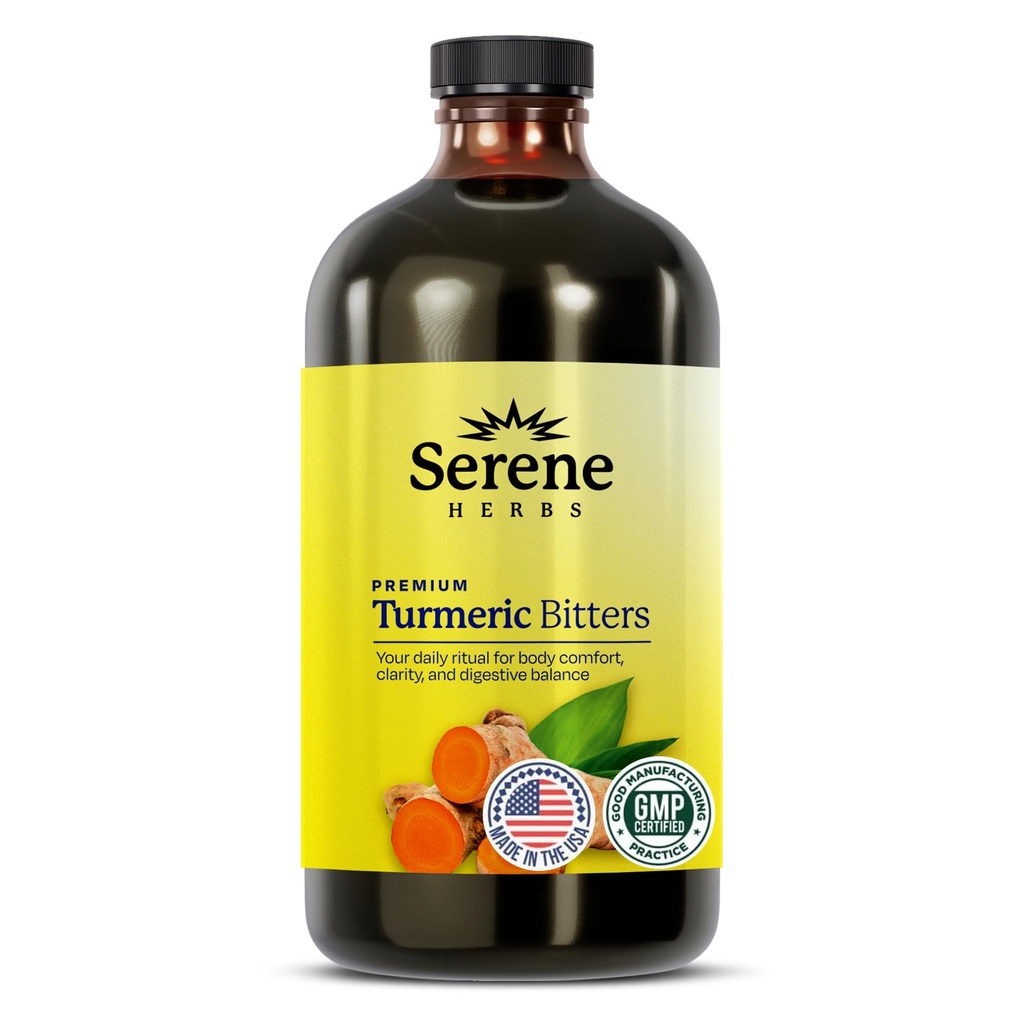Serene Herbes Turcuma liquide avec poivre noir - Turcuma shots Curcumin Supplément 1000mg Extra Strength Herbal Drink, Digestive Bitters for Bloating Relief, Joint Health, Energy & Clarity - 16oz