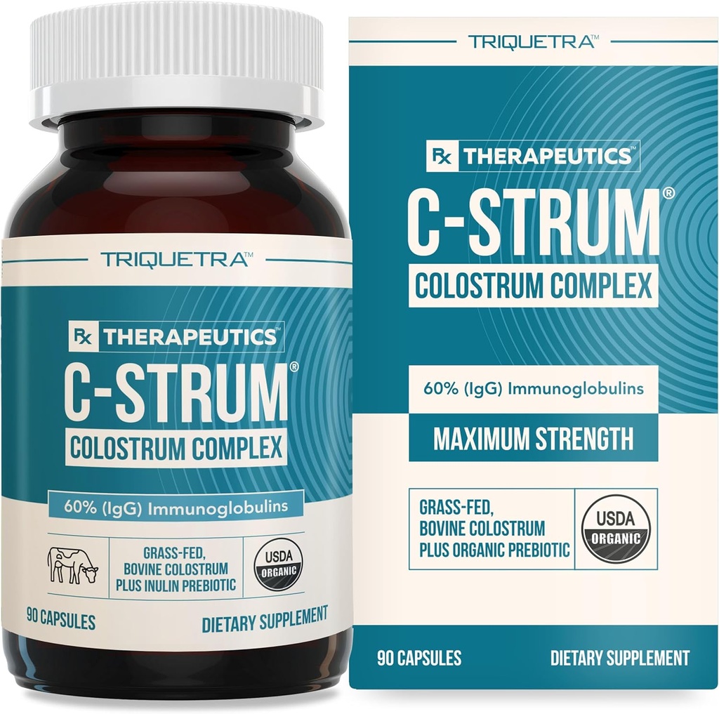 Supplément de colostrum biologique C-Strum® Bovin, 60 % igG, première lactation, herbacée, gélules de colostrum Max Strength de vaches laitières allemandes - Gut, Immunity, Skin & Hair Support (90 nombre)