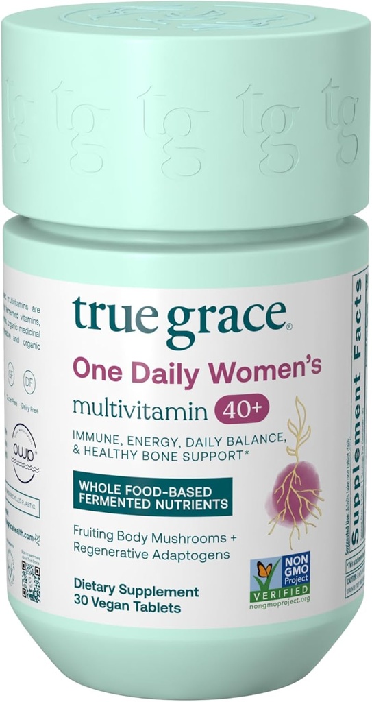 True Grace One Daily Femmes Multivitamine 40+ Fermented Minerals, Organic Adaptogens & Mushrooms Energy, Immune, Bone Support - Non-OGM - Fer, gluten et sans soja - 30 comprimés végétaliens
