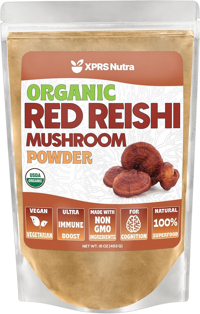 XPRS Nutra Poudre de Champignon Rouge Bio Reishi - Poudre de Reishi Premium pour la Cognition - Champignons Vegan Reishi pour la Longévité et l'Énergie (16 Once)