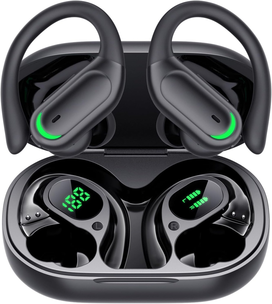 Ecouteurs sans fil Bluetooth 5.4 Casques, 96h Temps de jeu, Étui de charge sans fil Affichage LED, Casques d'oreille, Annulation de bruit ENC, Son Hi-Fi, IP7 étanche, pour les entraînements sportifs (noir profond)
