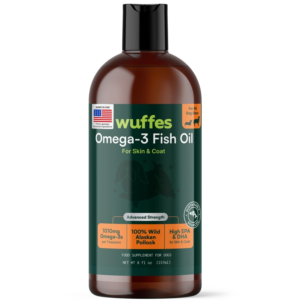 Wuffes Advanced Omega 3 Huile de poisson pour chiens, acides gras naturels EPA et DHA, soutient la peau et le manteau sains, la nutrition articulaire, la digestion et le système immunitaire - 100% huile de poisson sauvage pure d'Alaska - 8 Oz
