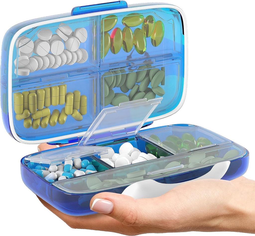 Blue and Rose Airtight Pill Organizer Pill Box Large Pill Dispenser Maison Support de Supplément de Voyage Sorter Vitamine Portable Jumbo Taille 8 Compartiment Vitamine Container Daily Medicine Travel Essentials
