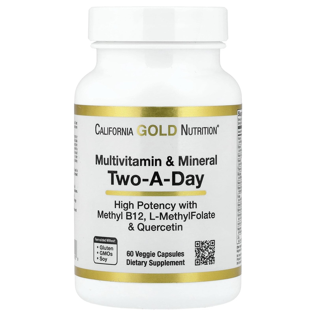 California Gold Nutrition Multivitamine et Minéral avec du méthyl B12, vitamine C, L-méthylFolat et bio-quercétine, deux jours A, 60 Capsules de Véggie