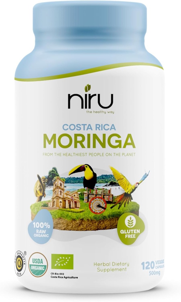 Niru Life Blue Zone Moringa Capsules du Costa Rica, 100% Energie Organique, Métabolisme et Soutien Immune, 120 Capsules, 500mg