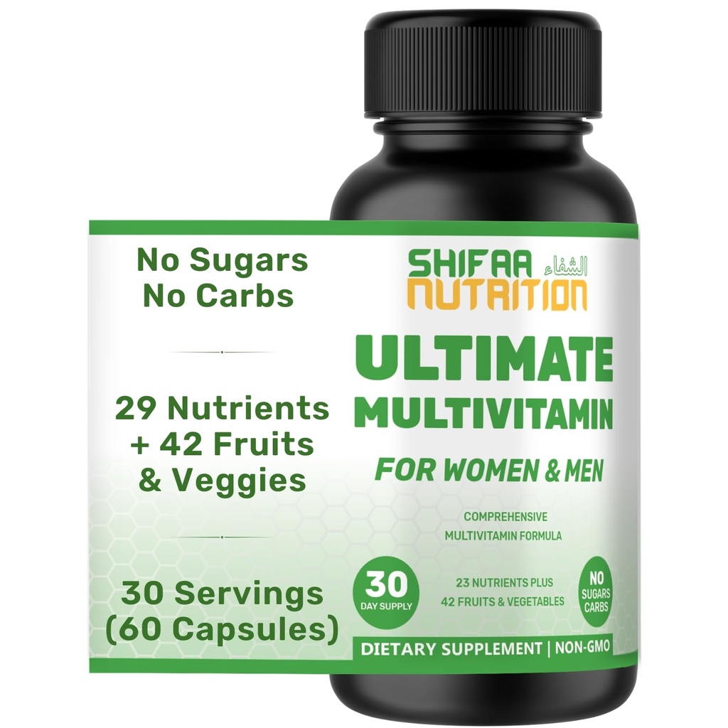SHIFAA NUTRITION Multivitamines halales pour femmes, hommes et adultes, 30 portions de fer, vitamine A, B6, B12, biotine, niacine, C, D3, E, zinc, calcium, acide folique, CoQ10.