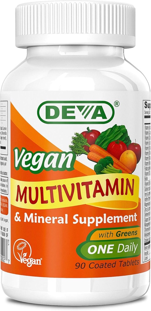 Deva Vegan Multivitamin and Mineral Supplement - Formule une fois par jour avec des verts - Vitamines A, C, D, E, B Complexe, Formulation haute puissance pour la santé quotidienne et le mieux-être- 90 comprimés enduits, 1-paquet