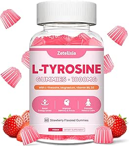 L Gommies de Tyrosine, Gommies de supplément de L-Tyrosine, Gommies de L-Theanine avec vitamine B6 D3, Gommies de Focus Support Cerveau, Mémoire, Énergie, Mood pour les adultes et les enfants, Fraise Flavor, 60 Comte