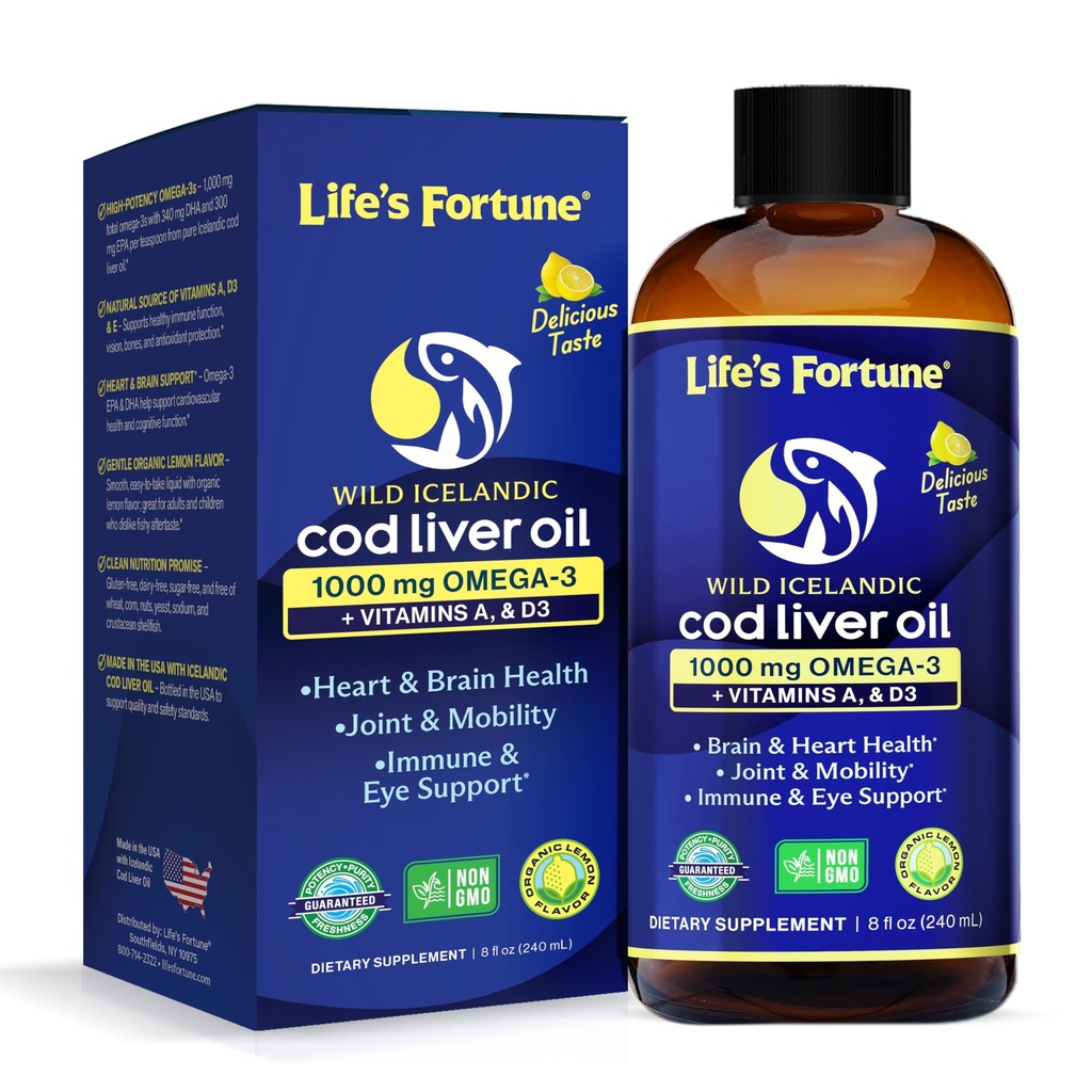 Life's Fortune Cod Liver Oil Liquid Organic Lemon Flavor (8 Oz) 1000 mg Omega + Vitamine A, E & D3 - Soutient la santé immunitaire - Supplément 100 % huile de poisson de Wild Ocean Cod-GMO Free