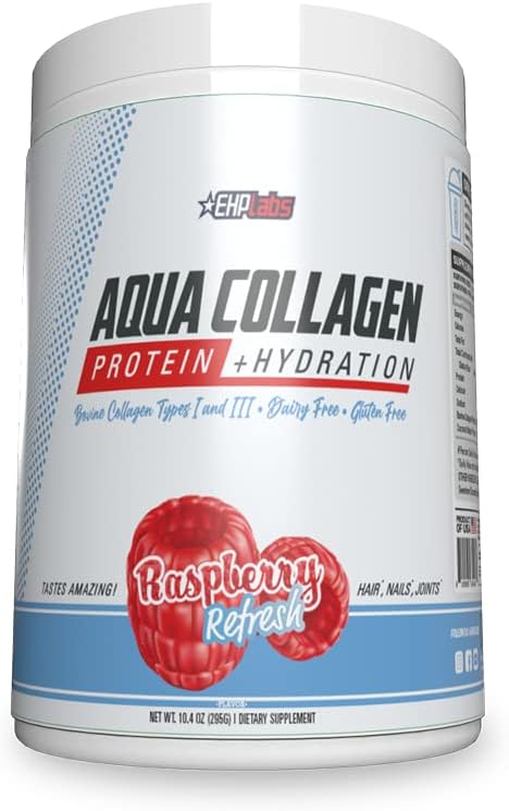 EHP Labs Aqua Hydrolyzed Collagen Peptides Poudre - 10g de protéines par service, hydratation et soutien à la santé des gorgés, collagène bovin à l'herbe, type I et III, 24 portions (rafraîchissements aux framboises)