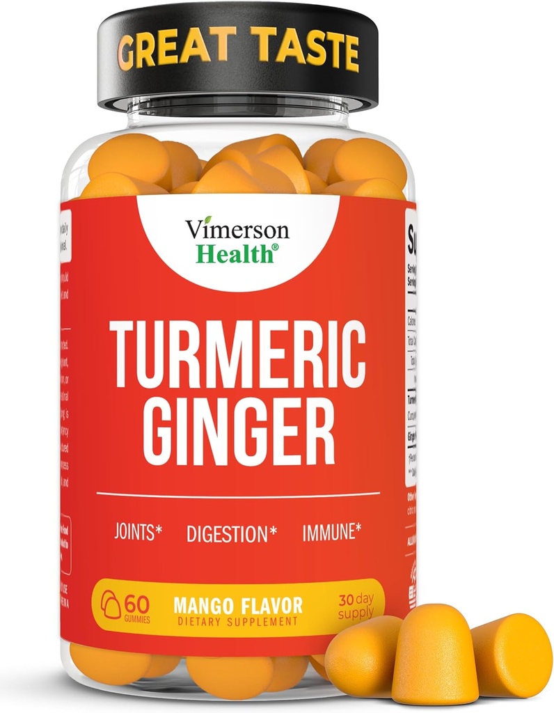 Supplément curcuma - Complexe Curcumin C3 + racine de gingembre pour la santé articulaire et Gut - Supplément curcuma naturel curcuma 95% Curcuminoides. Contient 260mg d'extrait de tumérique. 60 Gommies Turcuma à saveur de mangue