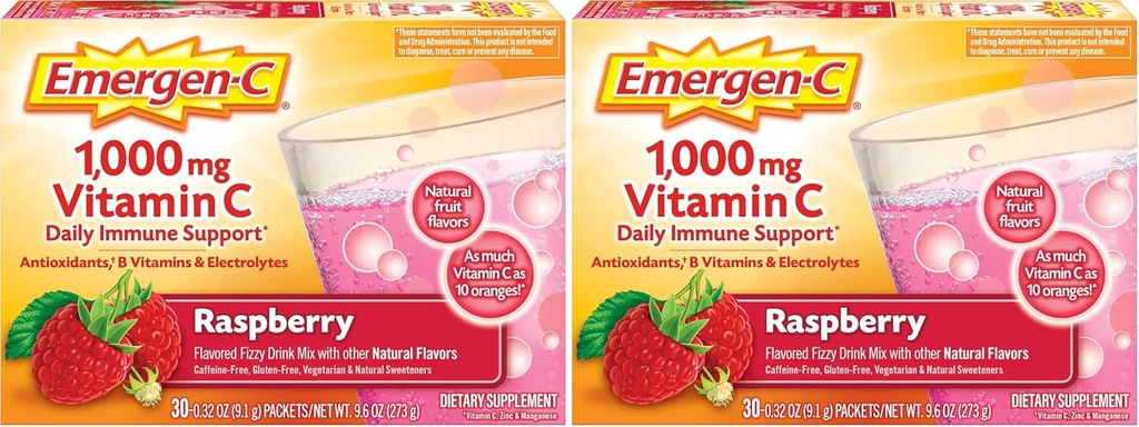 Emergen-C (30 comtes, framboises, 1 mois d'approvisionnement supplément alimentaire Mélange de boissons gazeuses avec 1000mg de vitamine C, 0,32 Once Packets, sans caféine (paquet de 2)