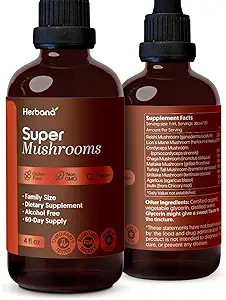 Super Champignons 8-in1 - 4 fl oz Extrait liquide - Cerveau Booster & Immune Soutien gouttes - Reishi, Lion`s Mane, Cordyceps, Chaga, Mitake, Turkey Tails, Shiitake, Agaricus - Haute puissance - 90 jours d'approvisionnement