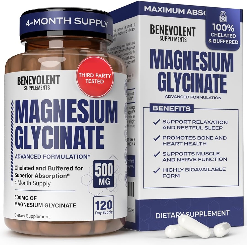 Glycinate de magnésium 500mg - Supplément de magnésium à haute absorption chélaté et tamponné pour soutenir le stress, la digestion, les os, le sommeil, les nerfs et la santé musculaire - Fabriqué aux États-Unis - 120 Capsules Vegan