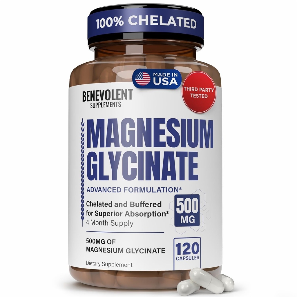 Glycinate de magnésium 500mg - Supplément de magnésium à haute absorption chélaté et tamponné pour soutenir le stress, la digestion, les os, le sommeil, les nerfs et la santé musculaire - Fabriqué aux États-Unis - 120 Capsules Vegan