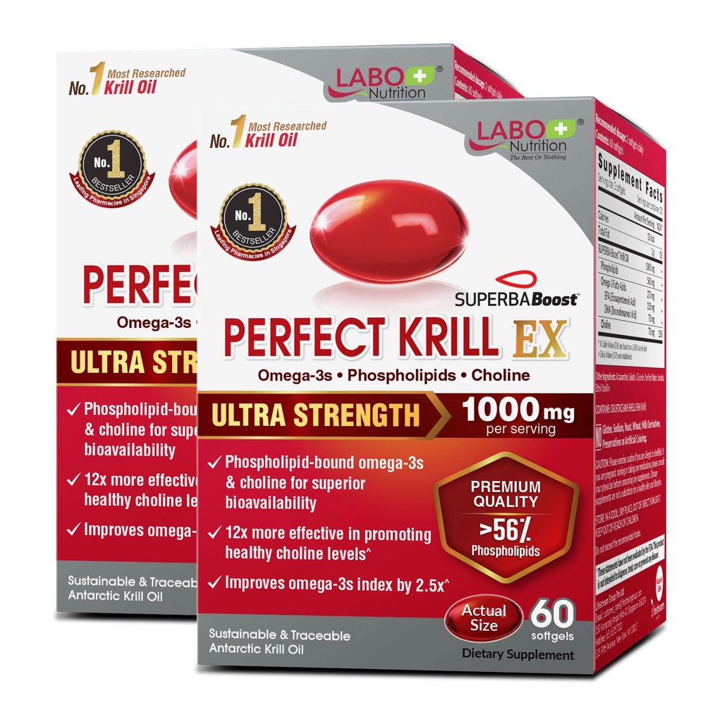 LABO Nutrition Perfect Krill EX, 1000mg Antarctic Krill Oil Omega 3 EPA DHA, Phospholipides les plus élevés (plus de 56%) avec Choline, Astaxanthin.