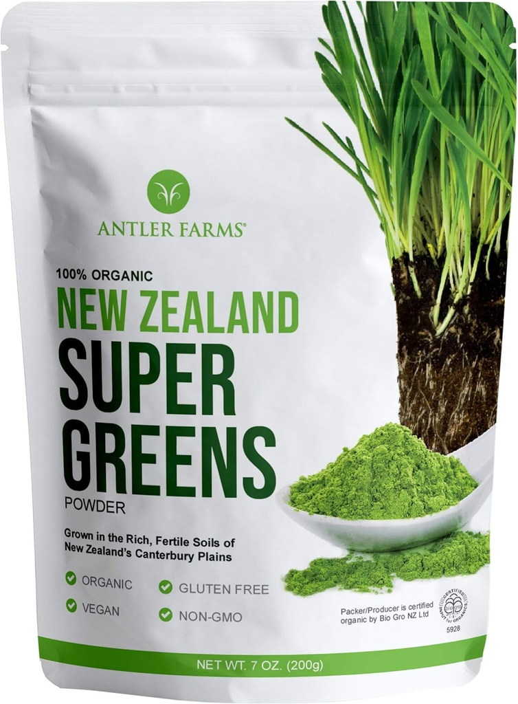 Antler Farms - 100% Pure Organic New Zealand Super Greens Powder, 40 Servings, 200g - Wheat Grass, Barley Grass, Chlorella, Spirulina - Vegan, Gluten Free, Chlorophyll Rich, for Energy and Detox