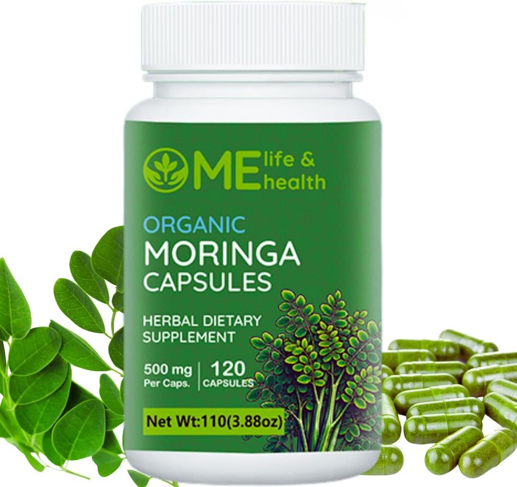 ME VIE & SANTÉ Moringa Capsules, 100% Bio Moringa oléifera Feuille, Pure Moringa Poudre, Système mmune, Vitamines essentielles et acides aminés Non-OGM & Gluten Sans bouchons de 120 ct.