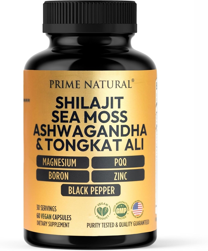 Shilajit 10 000mg, Moss de mer d'Irlande 2000mg, Ashwagandha 3000mg, Tongkat Ali 30 000mg, Boron, Magnésium, PQQ et plus...60 Capsules - 30 jours d'approvisionnement