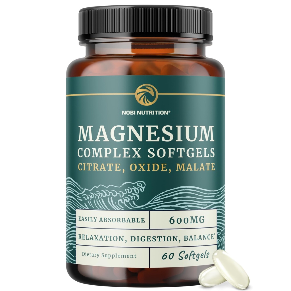 Triple Magnésium softgels (Citrate, Malate, & Oxide) Supplément Magnésium très absorbant pour la digestion, le calme, les crampes des jambes et le soutien du sommeil (Complexe 300mg) Facile à avaler Gels doux (Cent 60)