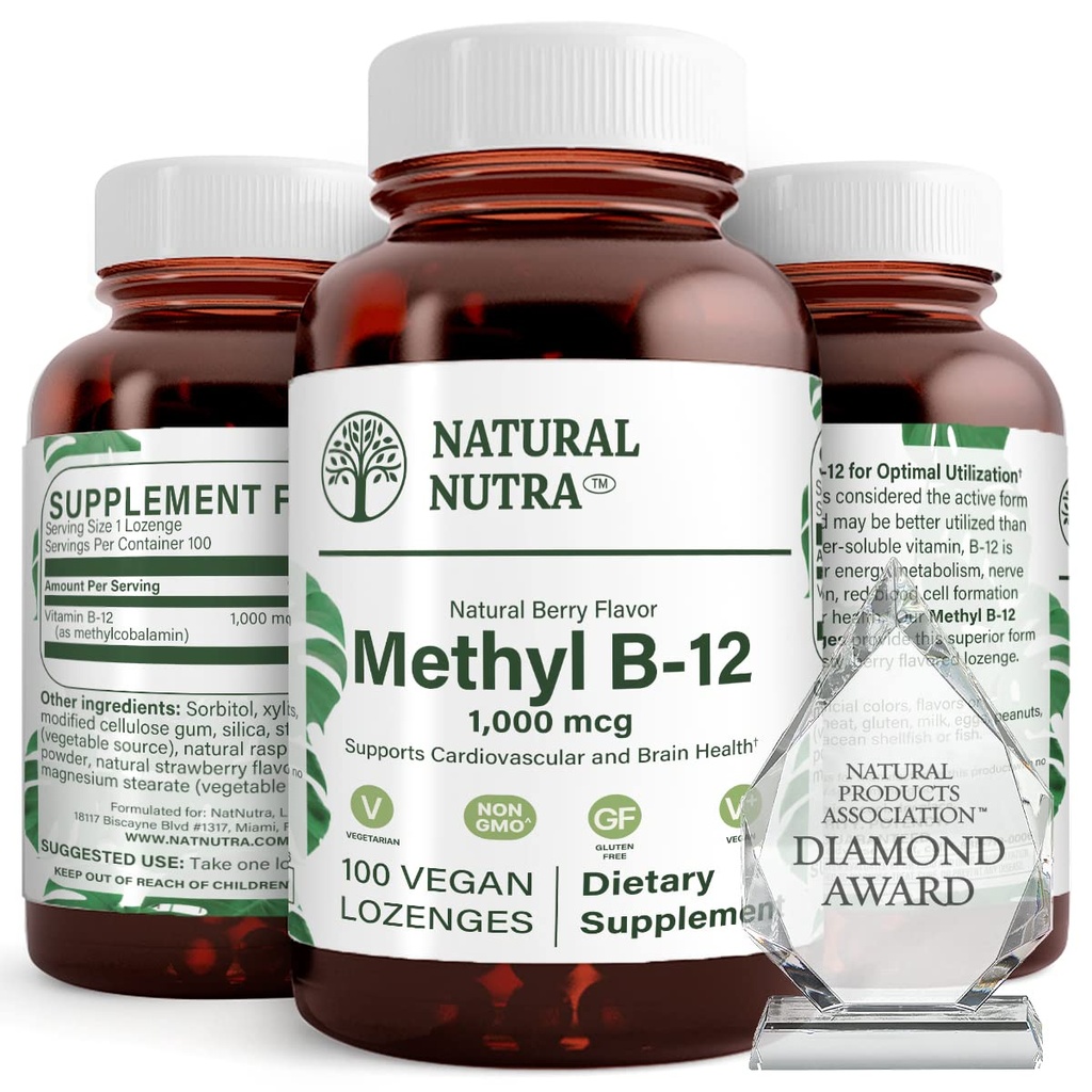 Natural Nutra Vegan Methyl B12 1000mcg, Heart Health and Energy Booster Supplement, Gluten Free, Support Energy Transformation, Enhance Immune Response, Help Brain Function, 100 Vegan Lozenges