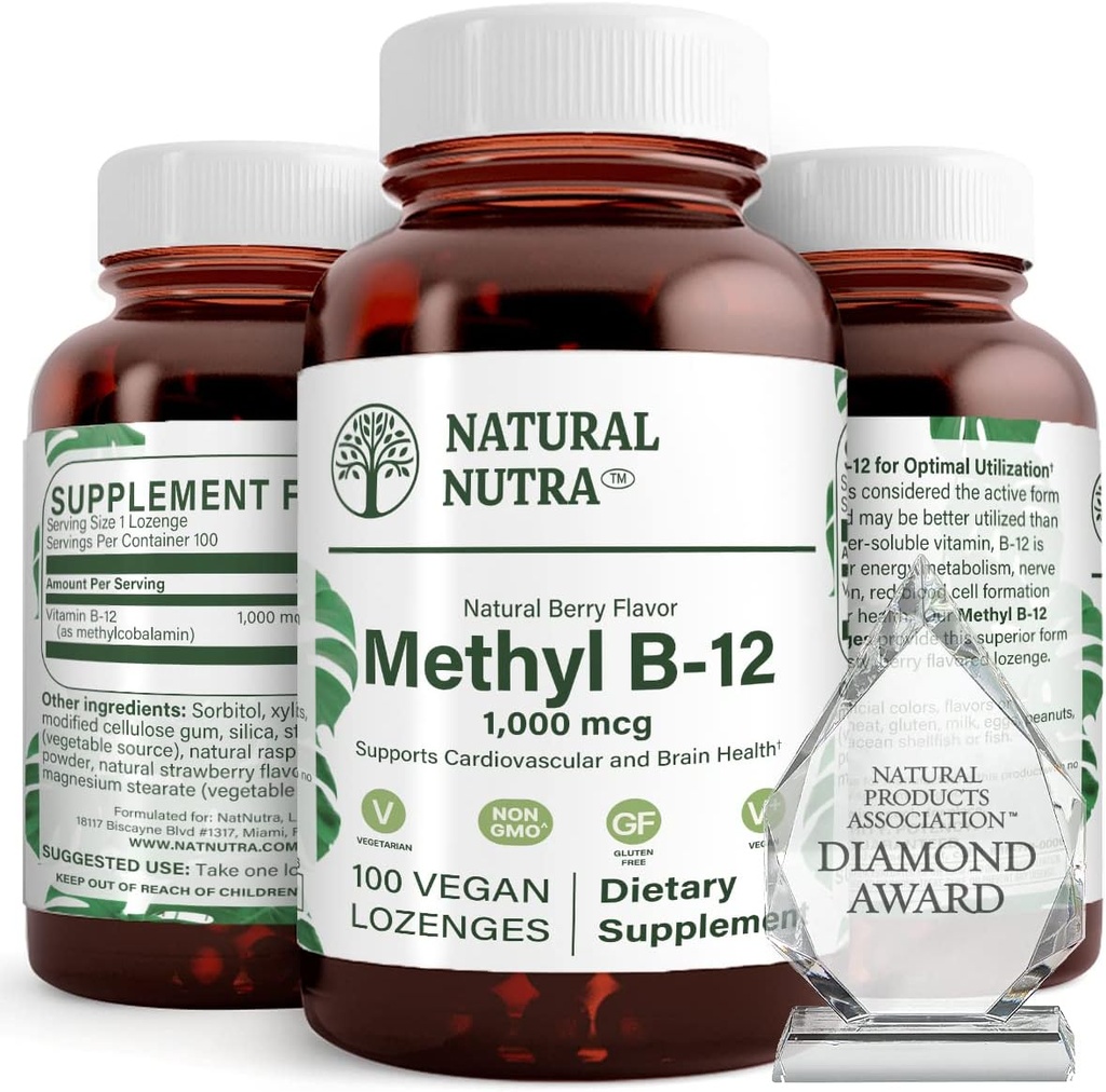 Natural Nutra Vegan Methyl B12 1000mcg, supplément pour stimuler la santé cardiaque et l'énergie, sans gluten, soutenir la transformation énergétique, améliorer la réponse immunitaire, aider la fonction cérébrale, 100 légumes végétaliens