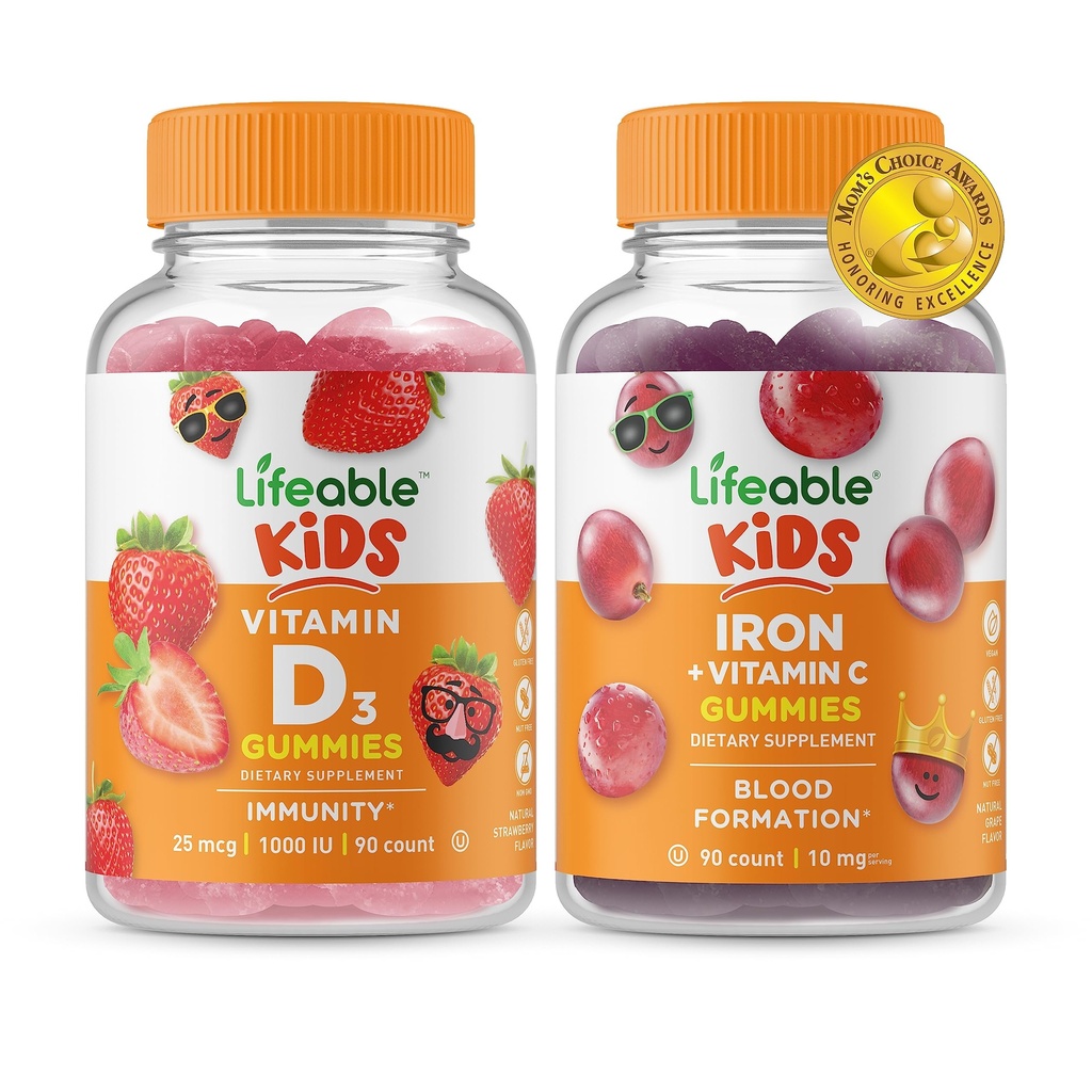 Vitamine D Lifeable Enfants + Fer et Vitamine C Enfants, Gommies Bundle - Grande dégustation, supplément de vitamine, sans gluten, sans OGM, gommy à croquer