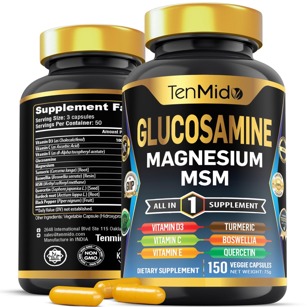 Supplément Glucosamine MSM pour les hommes et les femmes - Formule 11in1 - Combiner avec Magnésium, Turmeric, Boswellia, Quercetin, Burdock Root, et Plus